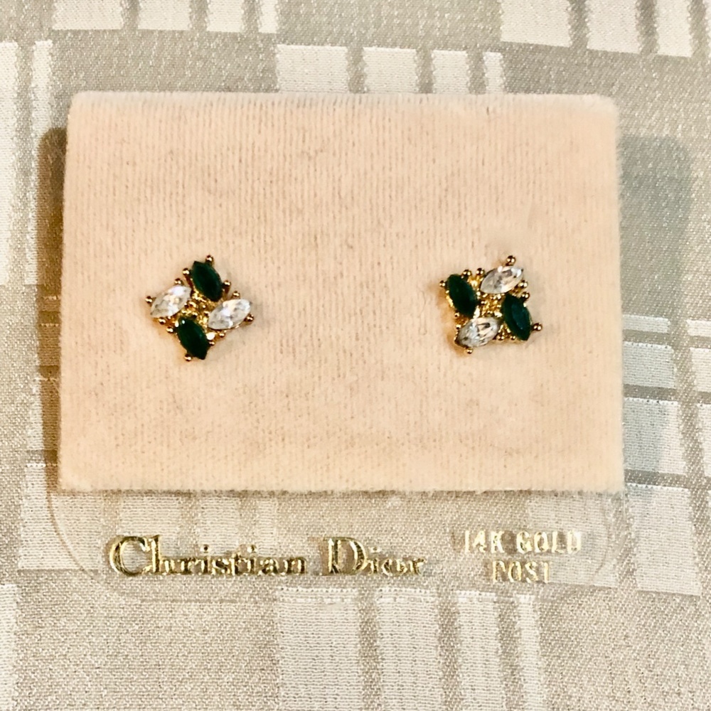 Christian Dior Emerald Green & Clear Chrystal Necklace & Pierced Earrings Set - Picture 8 of 8